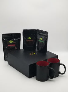 Loose Leaf Tea Gift Box with Peppermint Green, Chocolate and Gingerbread Teas and Mugs outside the box
